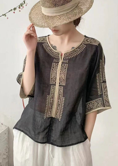 Classy Brown Embroidered Linen Top Half Sleeve