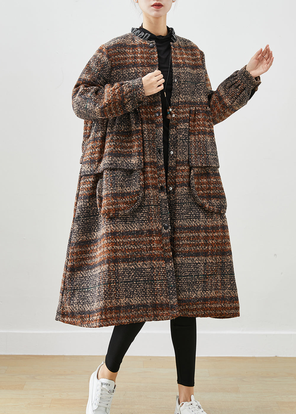 Classy Brown O-neck Oversized Thick Woolen Coats Fall