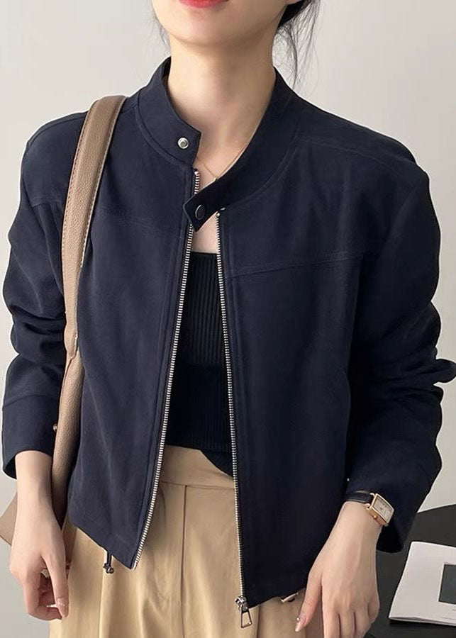 Classy Brown O-neck Zippered Button Coats Spring