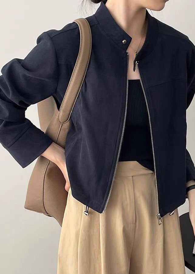 Classy Brown O-neck Zippered Button Coats Spring