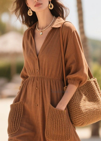 Classy Brown Peter Pan Collar Patchwork Pockets Cotton Dress Summer