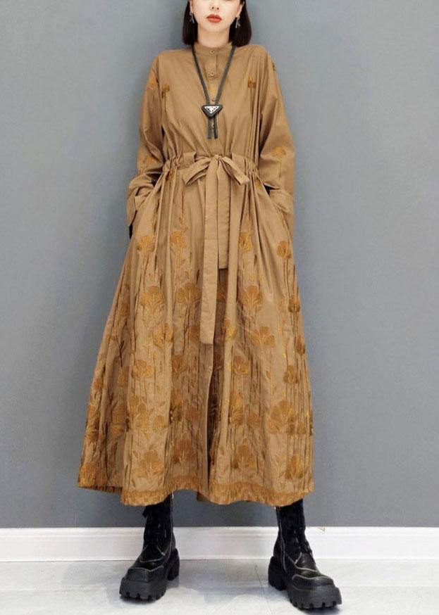 Classy Brown Pockets Tie Waist Embroideried Fall Long Sleeve Long Dress