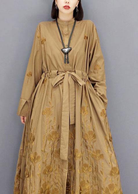 Classy Brown Pockets Tie Waist Embroideried Fall Long Sleeve Long Dress