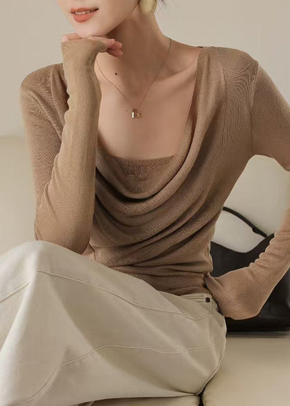 Classy Brown Turtle Neck Silm Fit Knit Top Spring