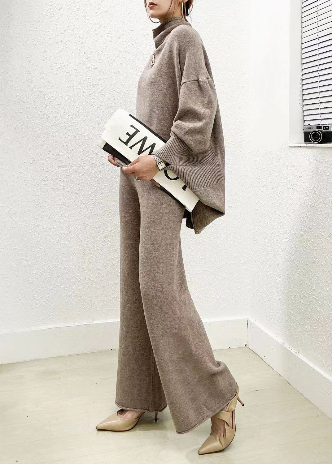 Classy Camel Sweaters and Wide Leg Pants Knit Two Piece Set Spring
