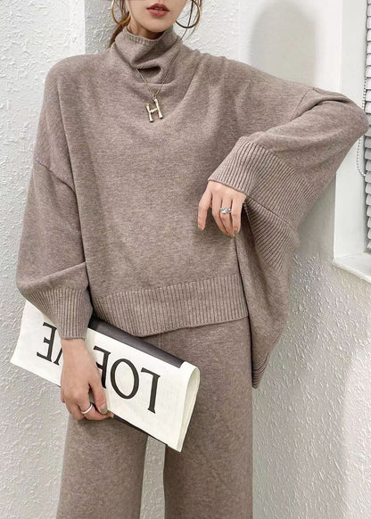 Classy Camel Sweaters and Wide Leg Pants Knit Two Piece Set Spring