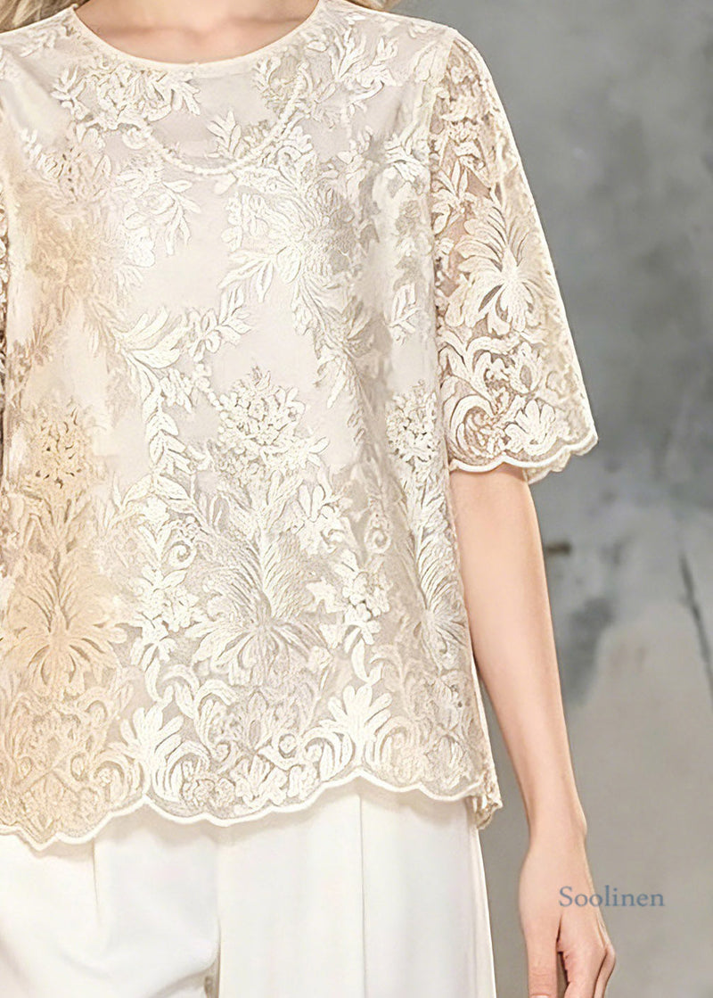 Classy Champagne O-neck Lace T Shirt Summer