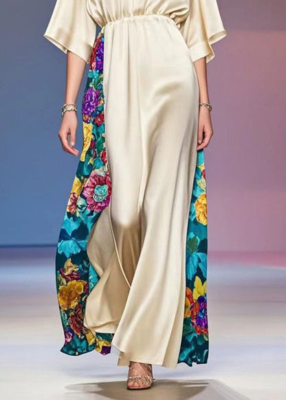 Classy Champagne Print Patchwork Draping Silk Long Dress Summer