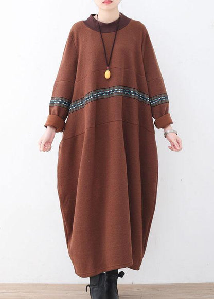 Classy Chocolate O-neck Long Sleeve Loose Fall Cotton Dress