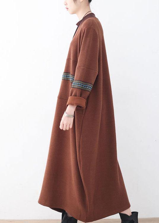 Classy Chocolate O-neck Long Sleeve Loose Fall Cotton Dress
