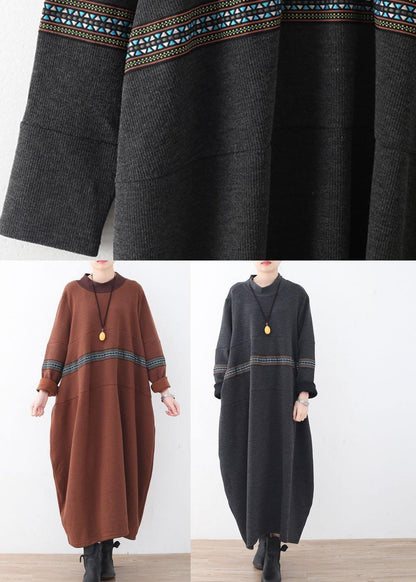 Classy Chocolate O-neck Long Sleeve Loose Fall Cotton Dress