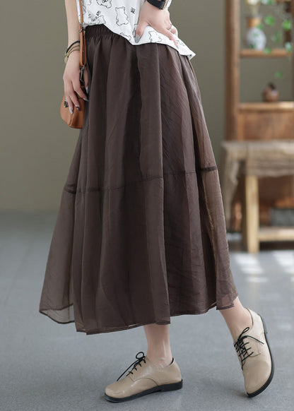 Classy Coffee Elastic Waist Patchwork Organza a Line Skirt Summer