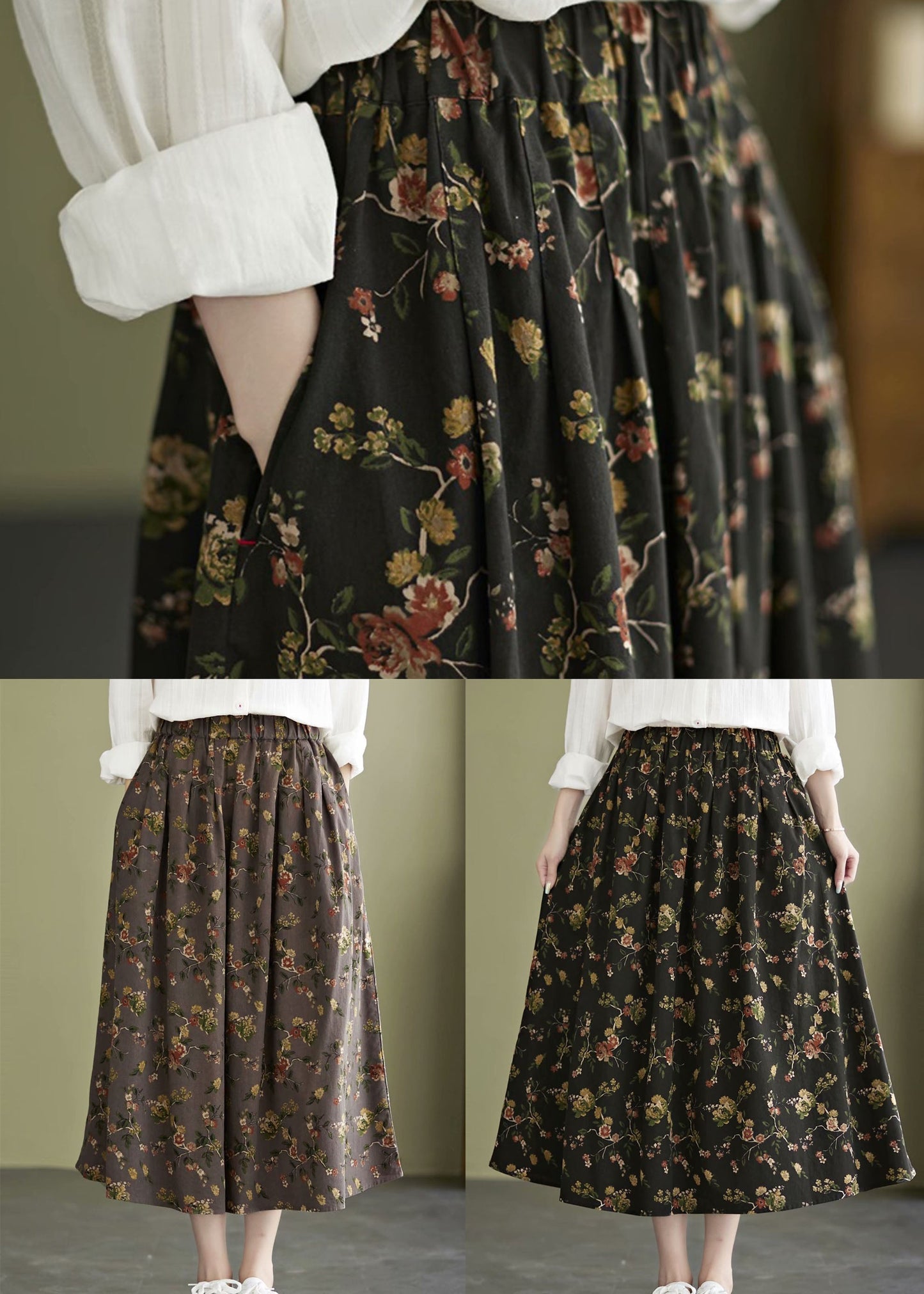 Classy Coffee Elastic Waist Print Cotton a Line Skirt Fall