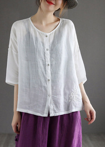 Classy Coffee O-neck Embroideried Button Linen Shirt Half Sleeve