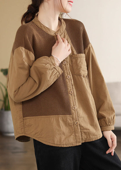Classy Coffee O-neck Patchwork Pockets Fine Cotton Filled Parka Jacket Winter