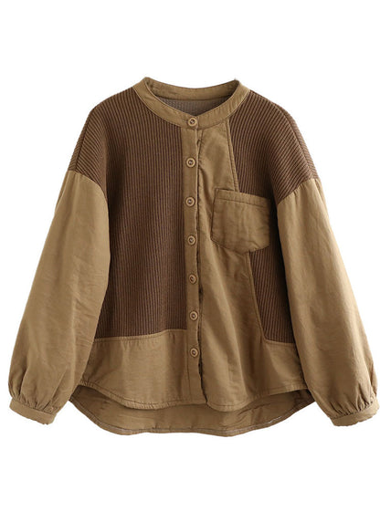 Classy Coffee O-neck Patchwork Pockets Fine Cotton Filled Parka Jacket Winter