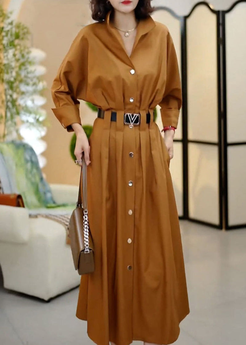 Classy Coffee Peter Pan Collar Sashes Wrinkled Cotton Dresses Spring