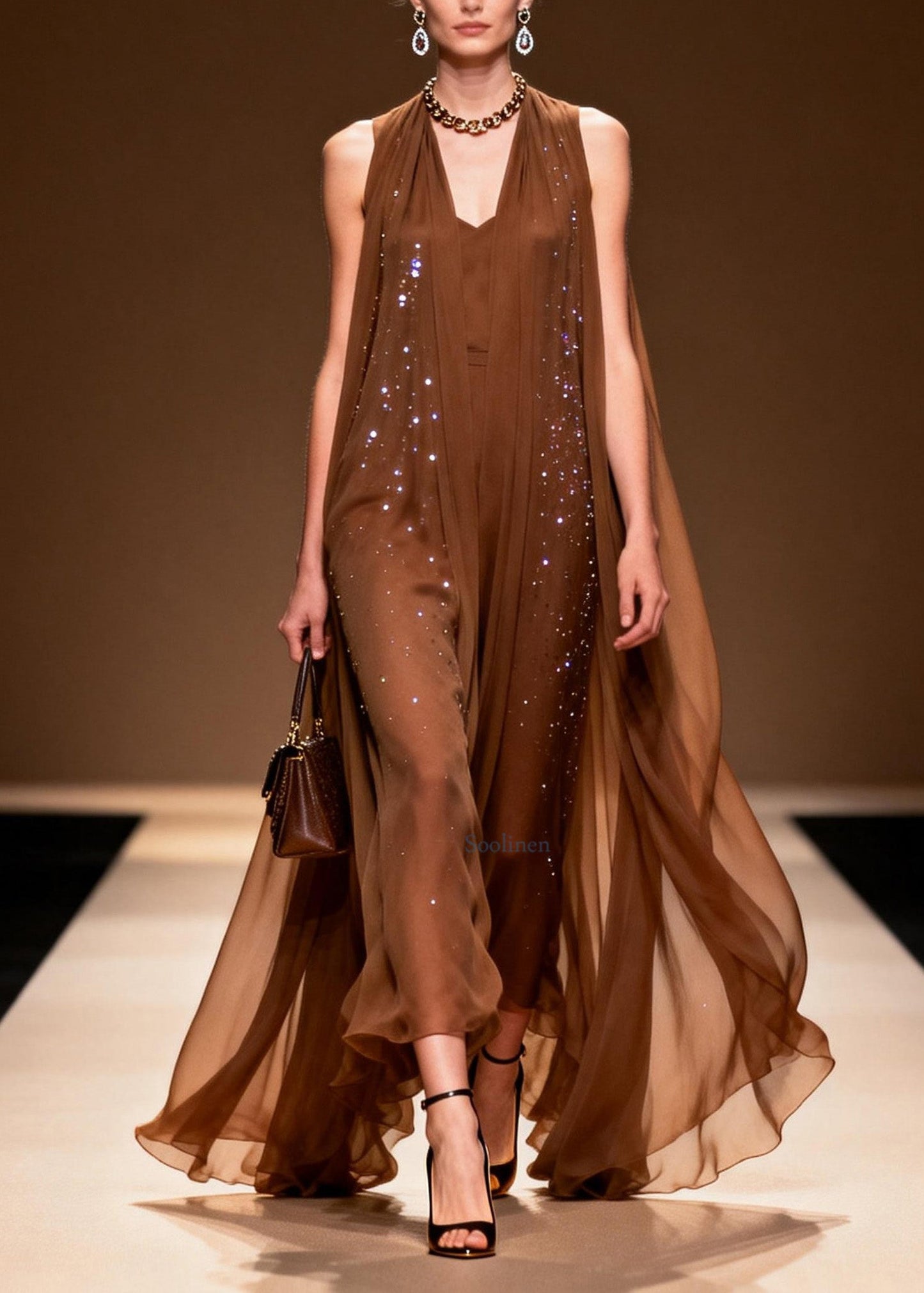 Classy Coffee V Neck Zircon Chiffon Robe Dresses Sleeveless