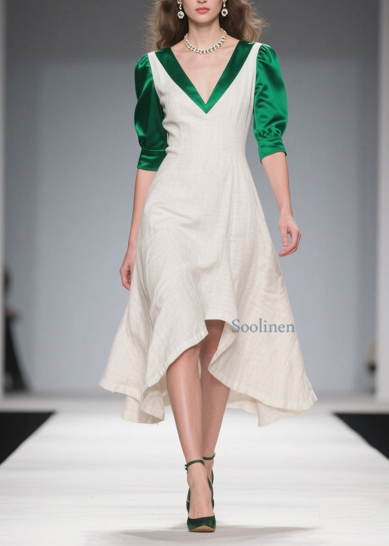 Classy Colorblock Asymmetrical Patchwork Linen Silk Dress Summer