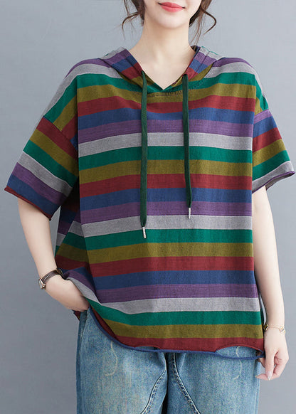 Classy Colorblock Hooded Striped Cotton Ripped Pullover Summer