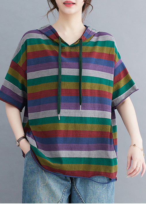 Classy Colorblock Hooded Striped Cotton Ripped Pullover Summer