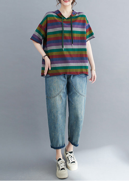 Classy Colorblock Hooded Striped Cotton Ripped Pullover Summer