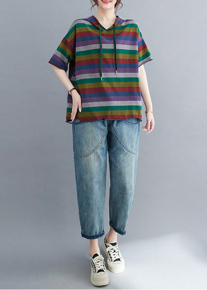 Classy Colorblock Hooded Striped Cotton Ripped Pullover Summer