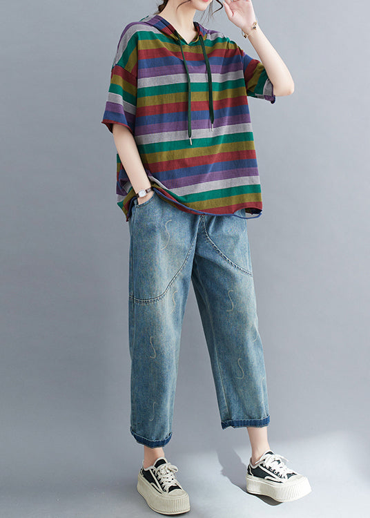 Classy Colorblock Hooded Striped Cotton Ripped Pullover Summer