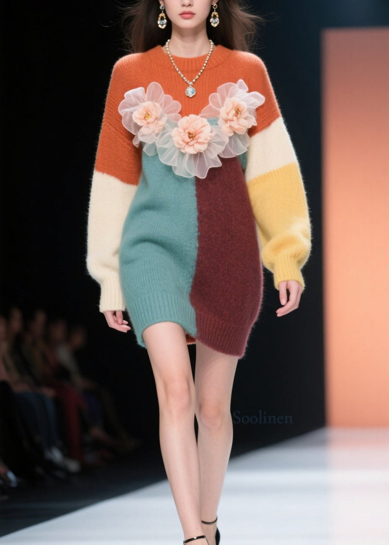 Classy Colorblock O Neck Knit Long Sweater Winter