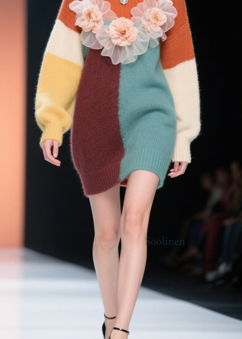 Classy Colorblock O Neck Knit Long Sweater Winter