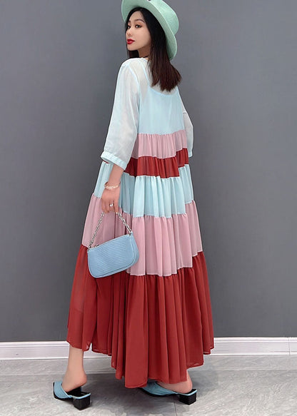 Classy Colorblock O-neck Patchwork Layered Chiffon Pleated Long Dress Bracelet Sleeve