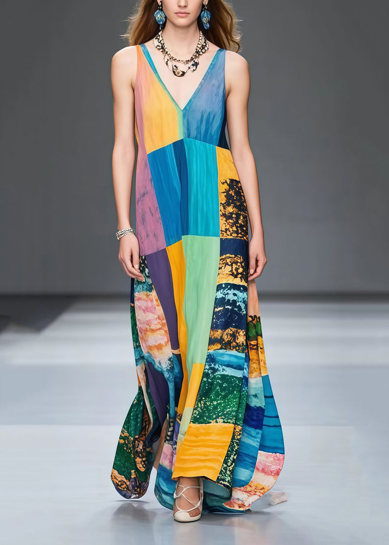 Classy Colorblock Oversized Print Cotton Long Dress Sleeveless