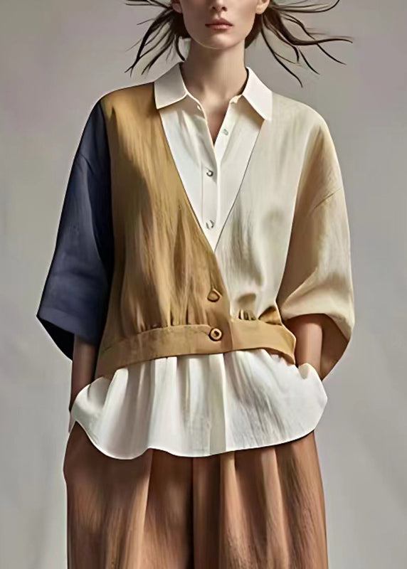 Classy Colorblock Patchwork Button Fake Two Pieces Shirts Bracelet Sleeve