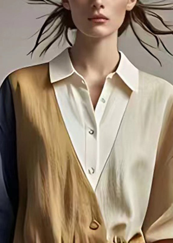 Classy Colorblock Patchwork Button Fake Two Pieces Shirts Bracelet Sleeve