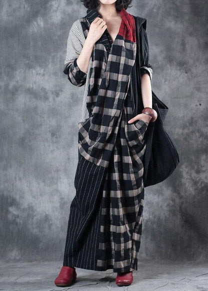 Classy Colorblock Plaid V Neck Pockets Holiday Dress Fall Long Sleeve