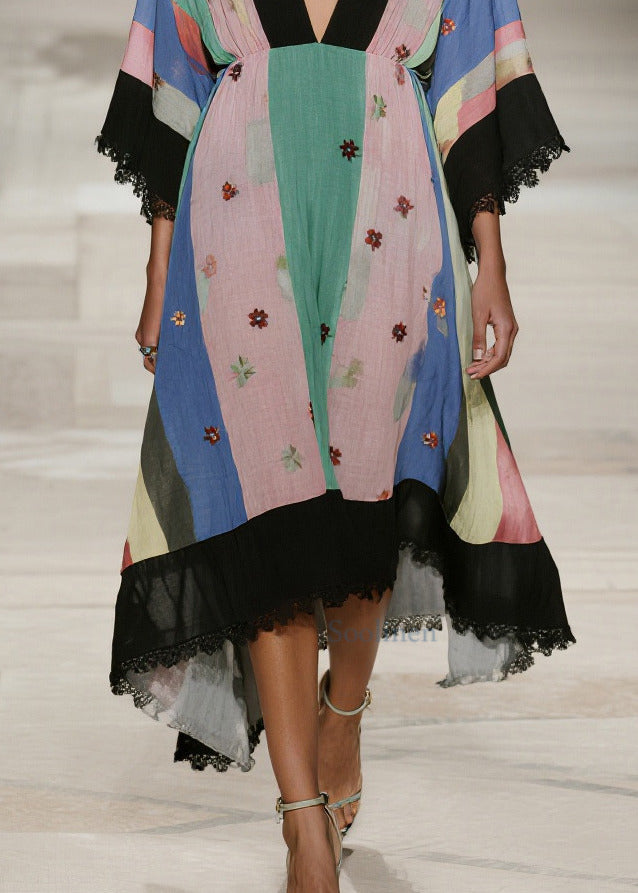 Classy Colorblock V Neck Patchwork Lace Cotton Robe Dress Summer