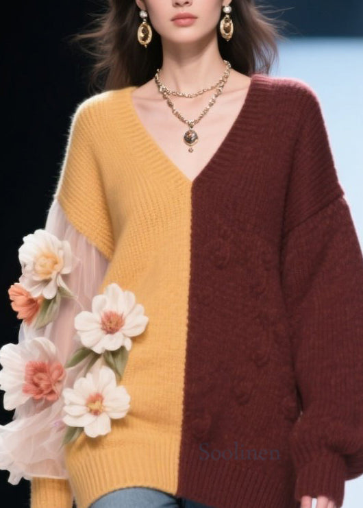 Classy Colorblock V Neck Tulle Knit Top Fall