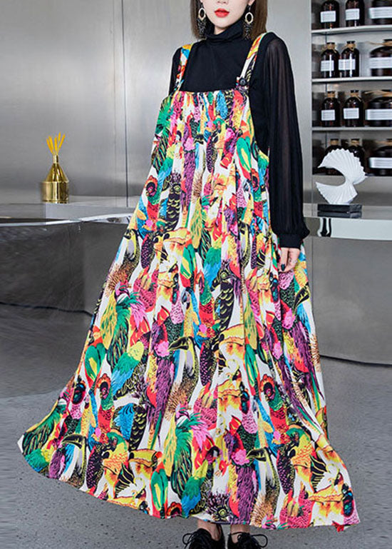 Classy Colorblock Print Silk Spaghetti Strap Dress Spring