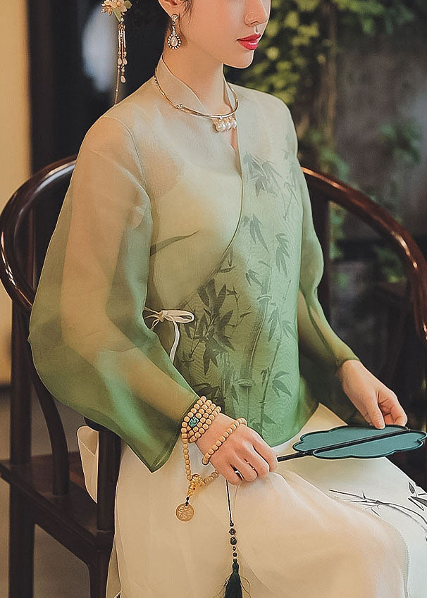 Classy Cyan Tie Waist V Neck Print Silk Tops Spring