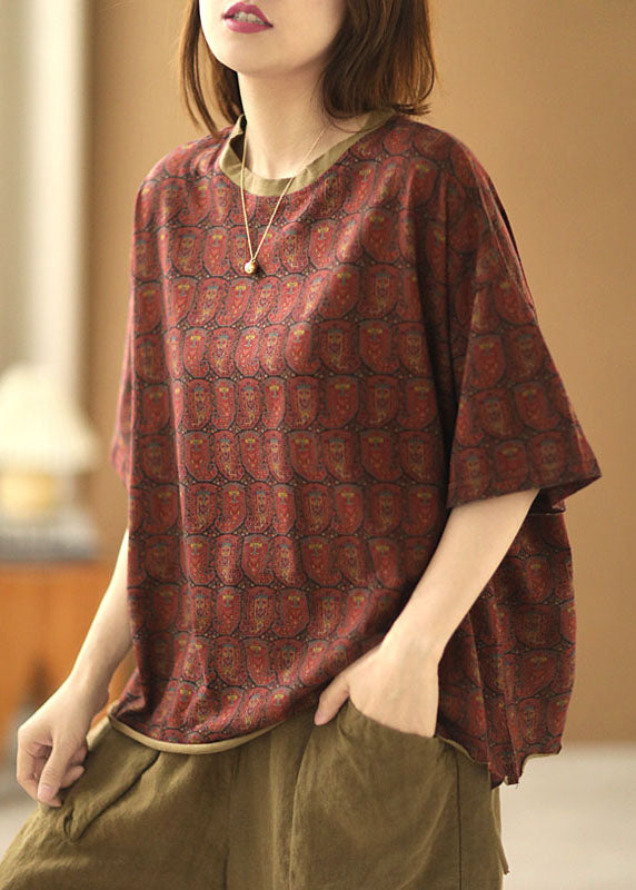 Classy Dark Red O-neck Print Patchwork Cotton Tanks Short Sleeve
