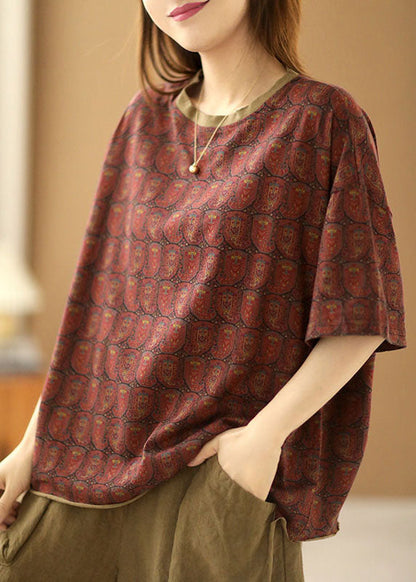 Classy Dark Red O-neck Print Patchwork Cotton Tanks Short Sleeve
