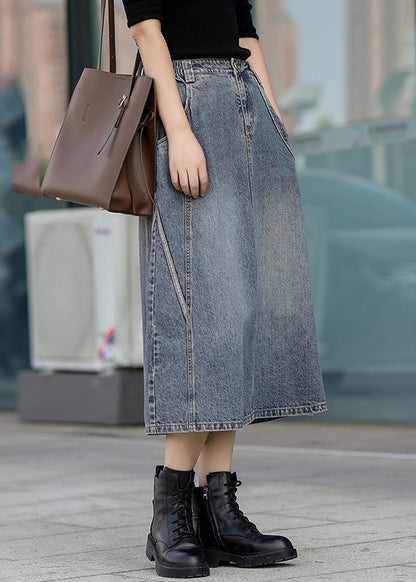 Classy Denim Blue Patchwork Elastic Waist a Line Skirt