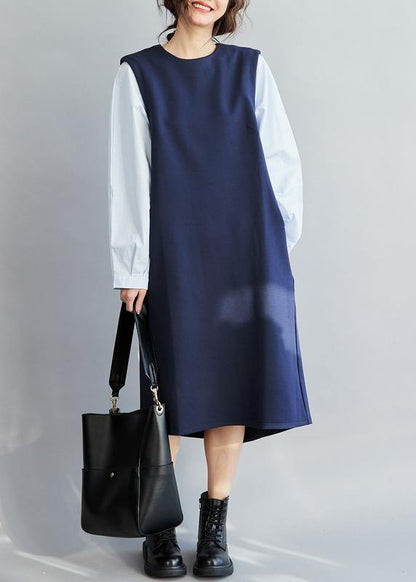 Classy False Two Pieces Cotton Spring Dress for Design Blue Dresses