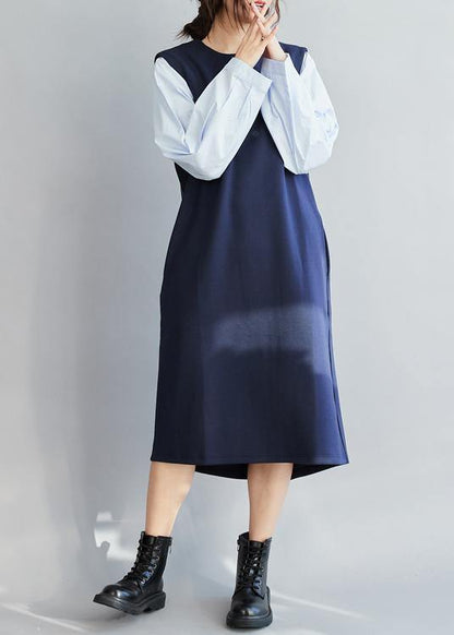 Classy False Two Pieces Cotton Spring Dress for Design Blue Dresses