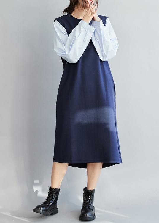 Classy False Two Pieces Cotton Spring Dress for Design Blue Dresses