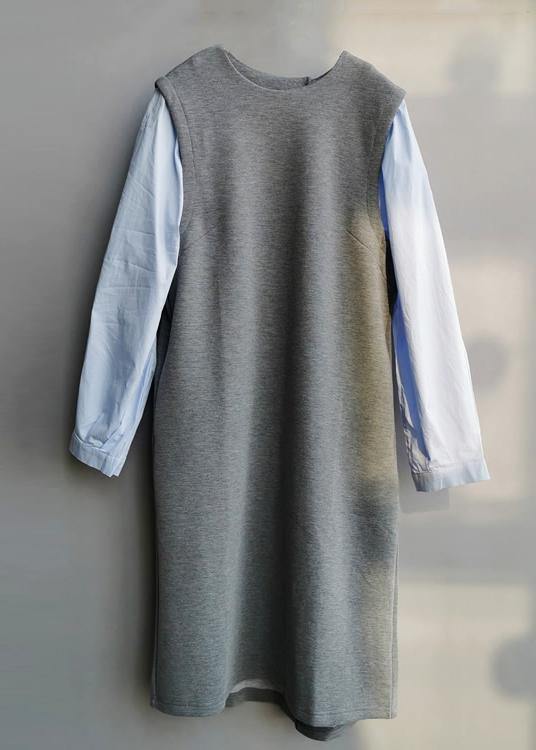 Classy False Two Pieces Cotton Spring Dress for Design Blue Dresses