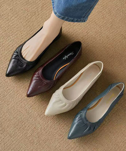 Classy Flat Shoes for Black Cowhide Leather Pointed Toe
