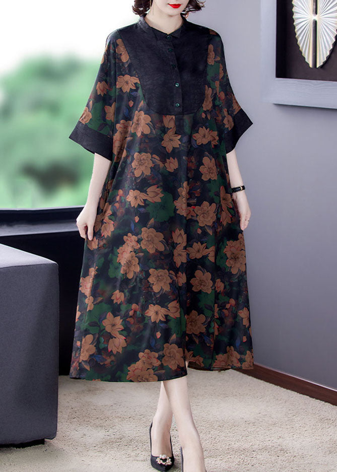 Classy Stand Collar Button Patchwork Silk Dresses Summer