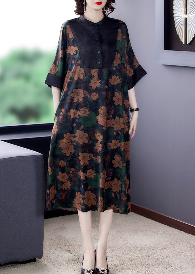 Classy Stand Collar Button Patchwork Silk Dresses Summer