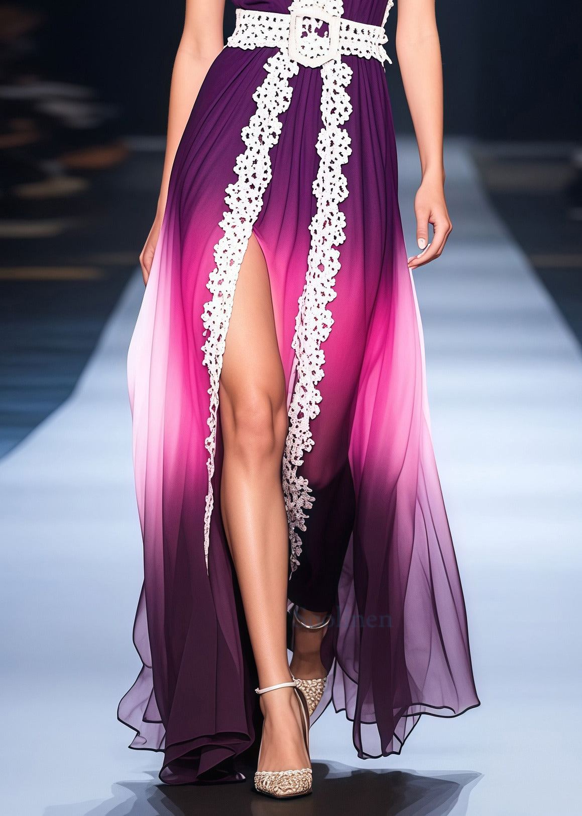 Classy Gradient Purple Side Open Lace Patchwork Chiffon Vestidos Dress Summer